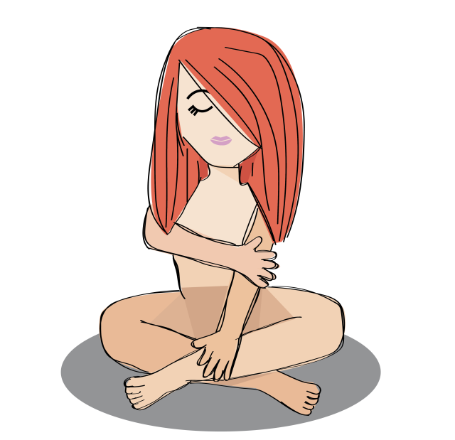 Illustration of a woman with red hair wearing nothing and hugging herself